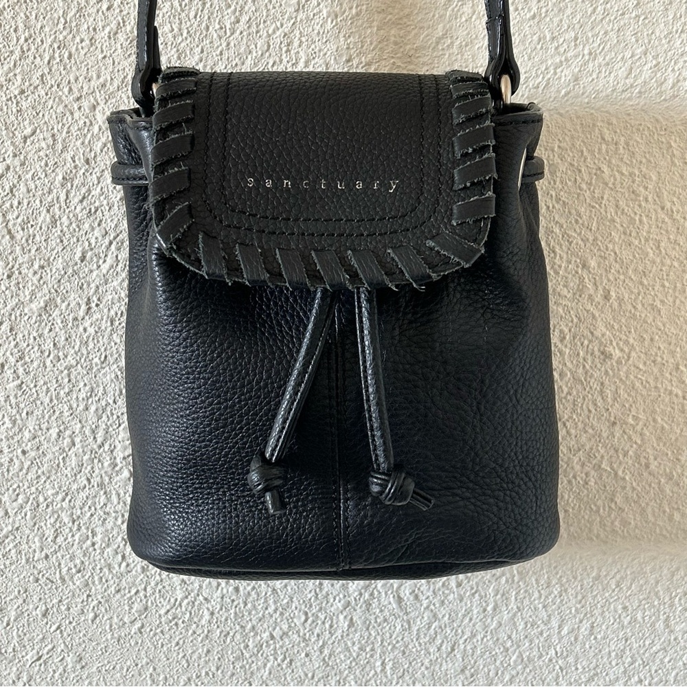 Sanctuary Genuine Leather Mini Bucket Bag Shoulder Crossbody Black Western Boho